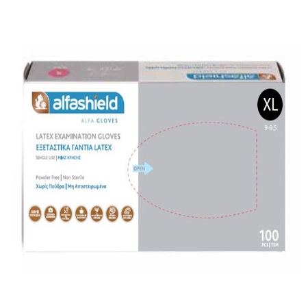 ALFASHIELD - Εξεταστικά Γάντια Latex χωρίς πούδρα XL - 100τμχ